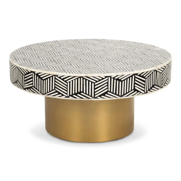 Bone inlay zig zag round center coffee table with brass base