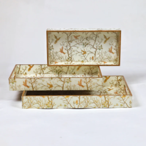 White Bird Floral Printed Wooden Tray- Set of 3 - Image 4