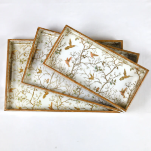 White Bird Floral Printed Wooden Tray- Set of 3 - Image 2