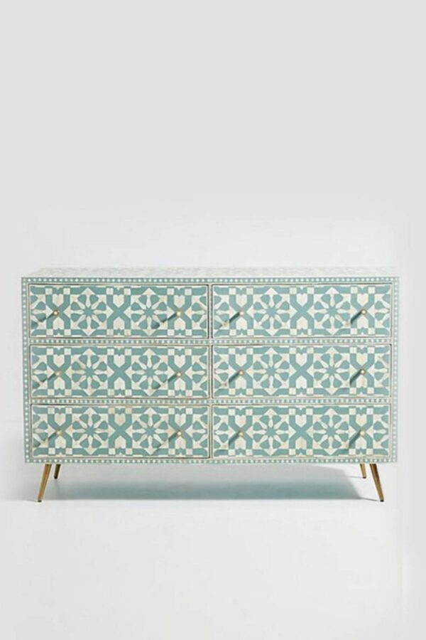 Bone Inlay Moroccan Design 6 Drawers Green