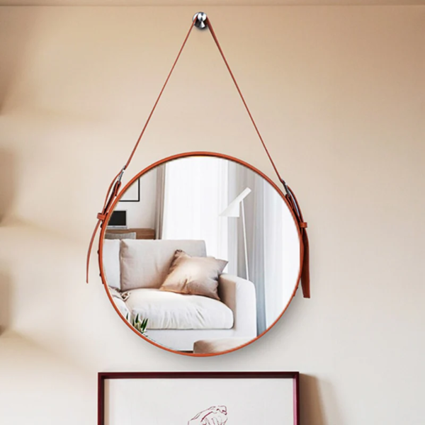 Leather Round Hanging Mirror with Belt- Tan Brown