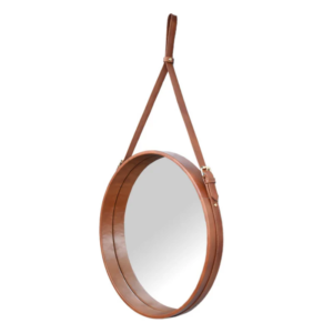 Leather Round Hanging Mirror with Belt- Tan Brown - Image 3