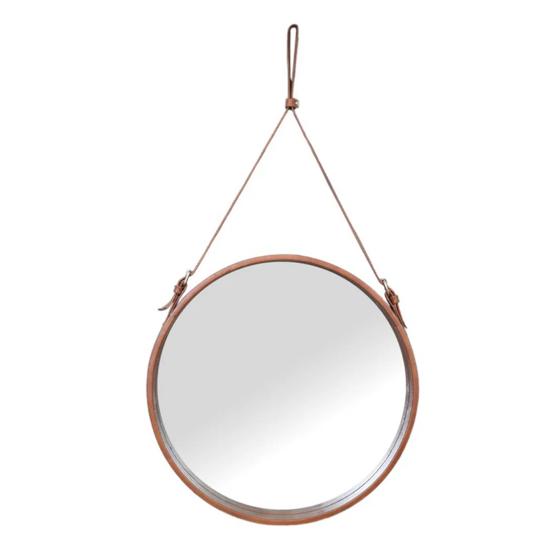 Leather Round Hanging Mirror with Belt- Tan Brown - Image 5